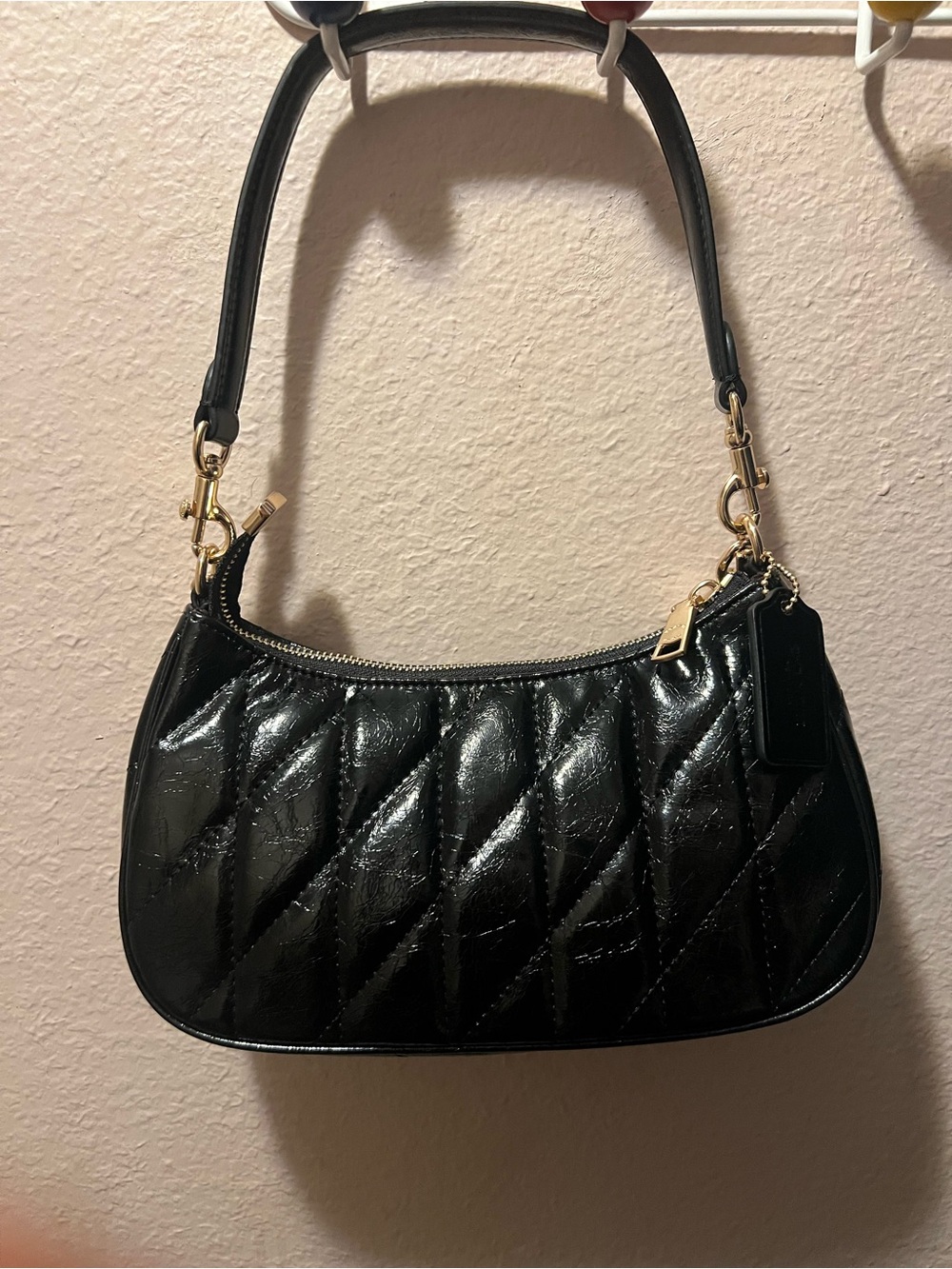 Coach Black Quilted Patent Leather Shoulder Bag with Gold Chain - Picture 2 of 2